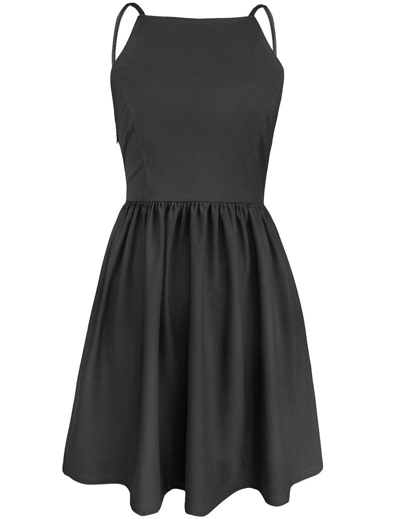 FANCYINN Women's Black Short Dress Spaghetti Strap Backless Mini Skater Black Dresses M - Image 5